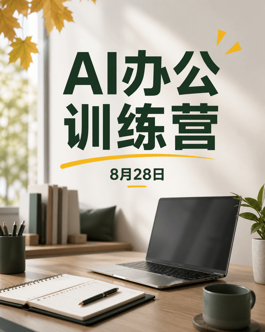 中文活动海报提示词的实际生成效果,标题为AI办公训练营,日期为8月28日