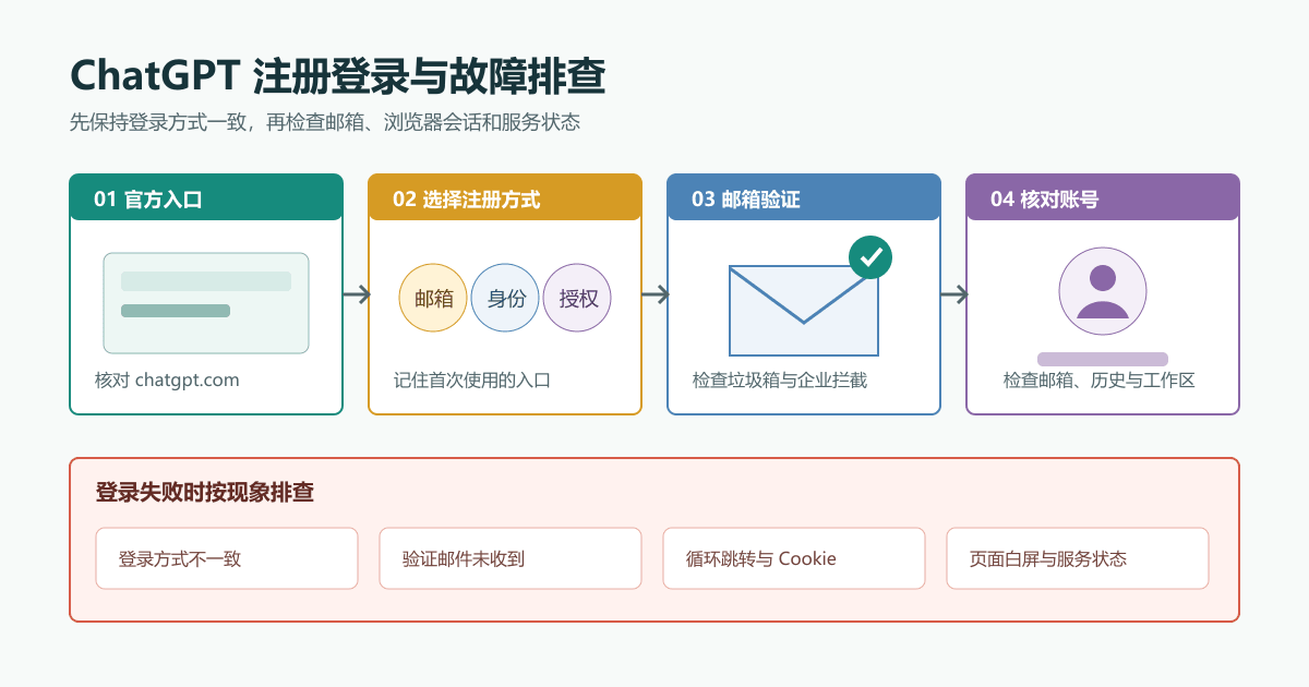 ChatGPT注册登录流程图,依次展示官方入口、注册方式、邮箱验证、账号核对和四类登录故障